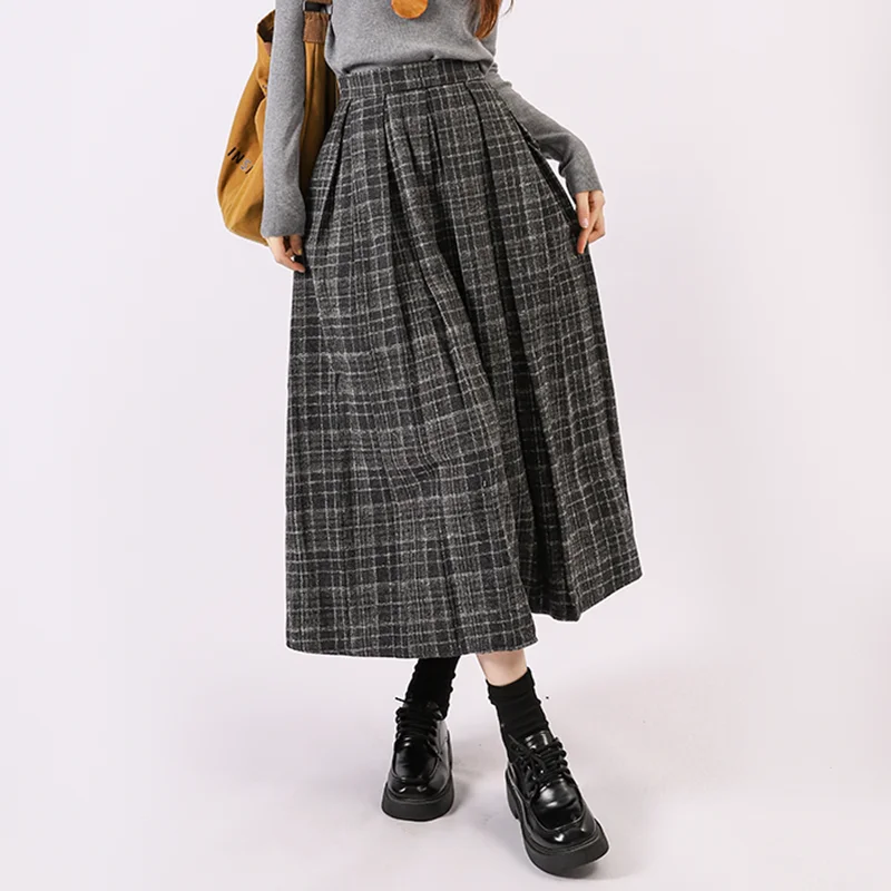 ウールチェック柄のスリムハイウエストAラインスカート、女性用秋冬、高品質、通勤、プリーツミディスカート