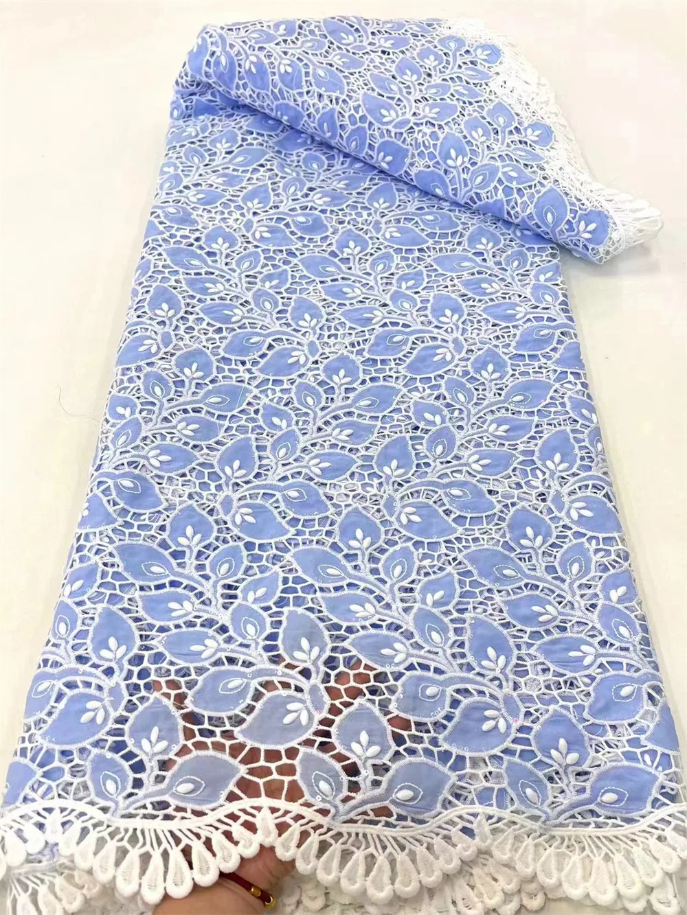 

Hot Sale 5 Yards African Cord Lace Fabric 2024 High Quality Nigerian Chiffon Guipure Cord Lace Fabrics For Women Wedding Wp473-2