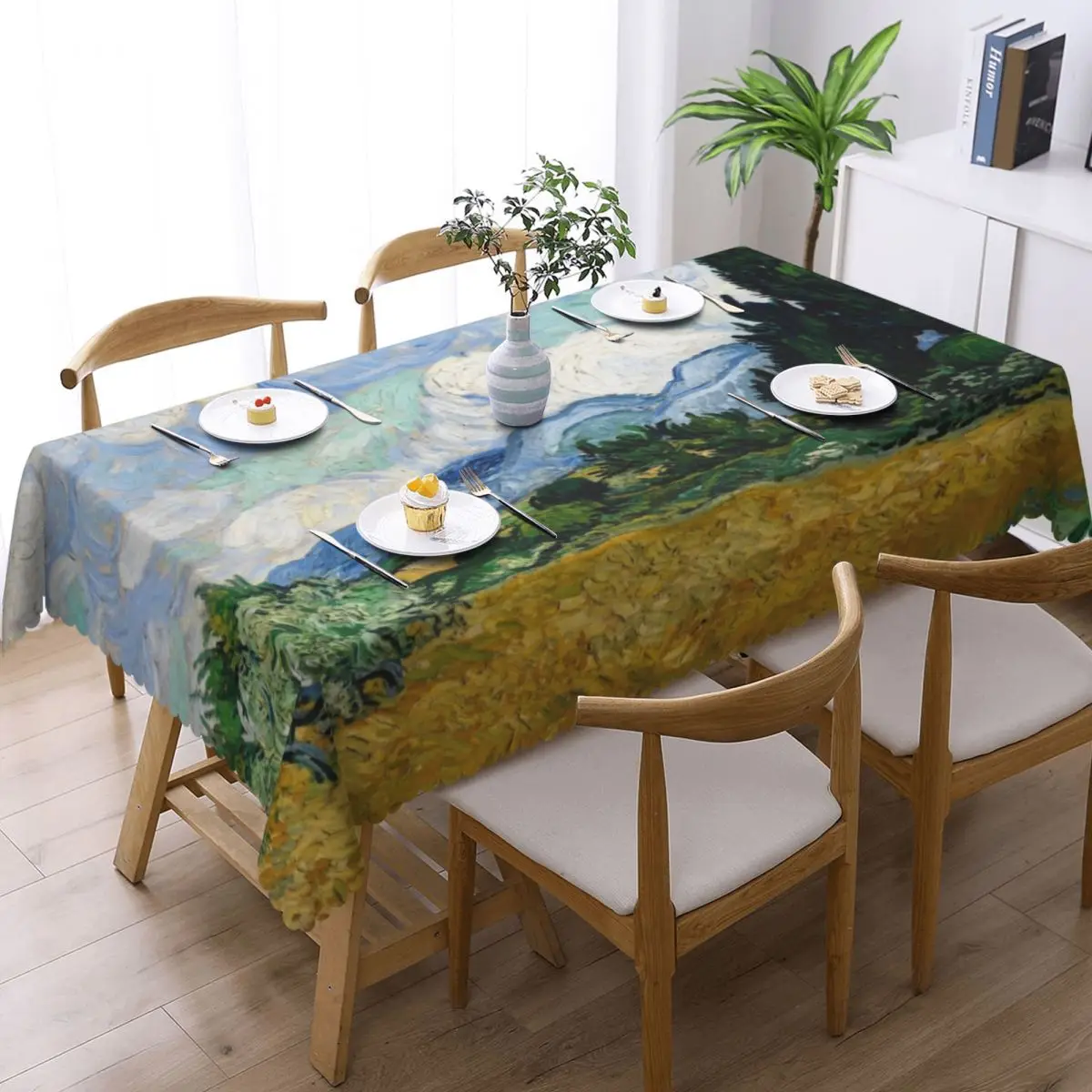 Custom Wheat Field With Cypresses Tablecloth Rectangular Waterproof Vincent Van Gogh Table Cloth Cover for Banquet