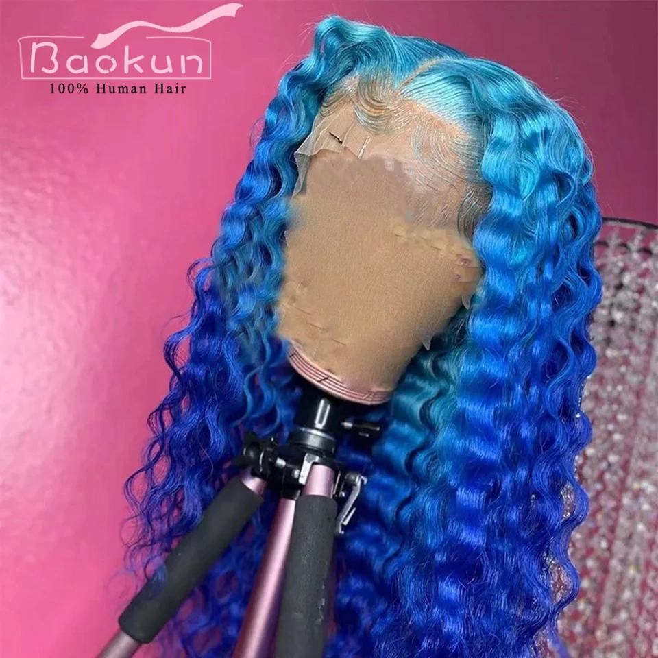 Perruque Lace Front Wig Deep Wave Naturelle, Cheveux Humains, Couleur Vert Menthe, 13x4, 13x6 HD, Transparent, Pre-Plucked, Densité 180