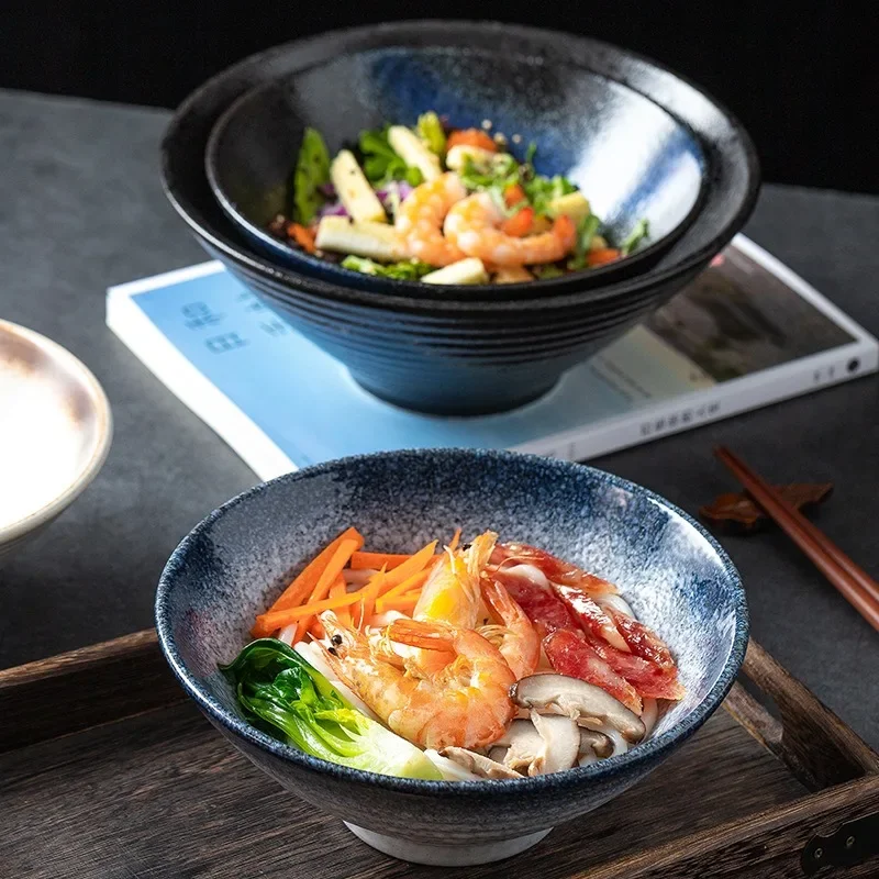 

Japanese Style Ramen Ceramic Noddle Tableware, Large Rain Hat Shaped, Home Salad Bowl