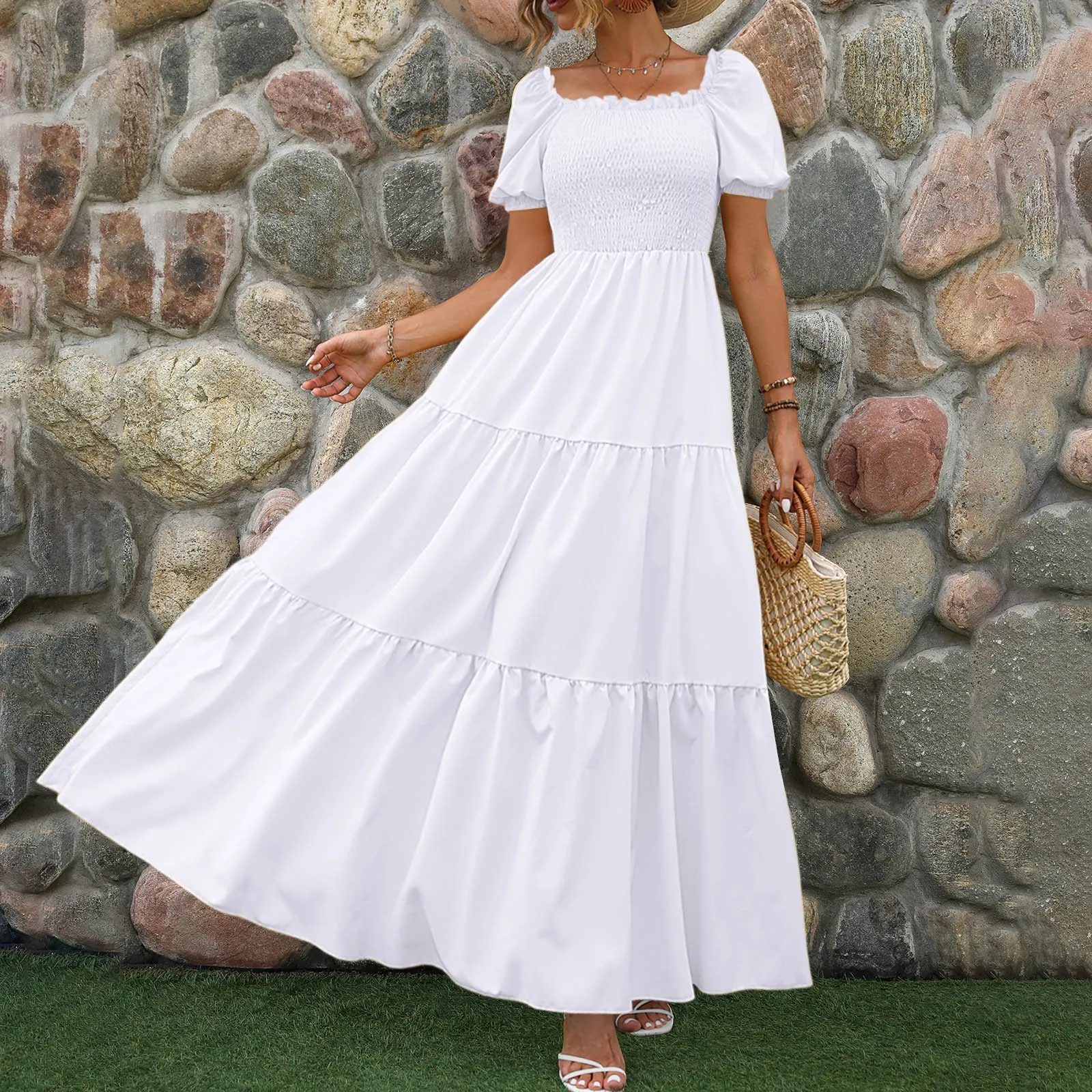 

Women Sexy Dress Summer Ladies Beach Swing Square Collar Sundress Soild Short Sleeve Casual Loose Pleated A-line Sun Dress