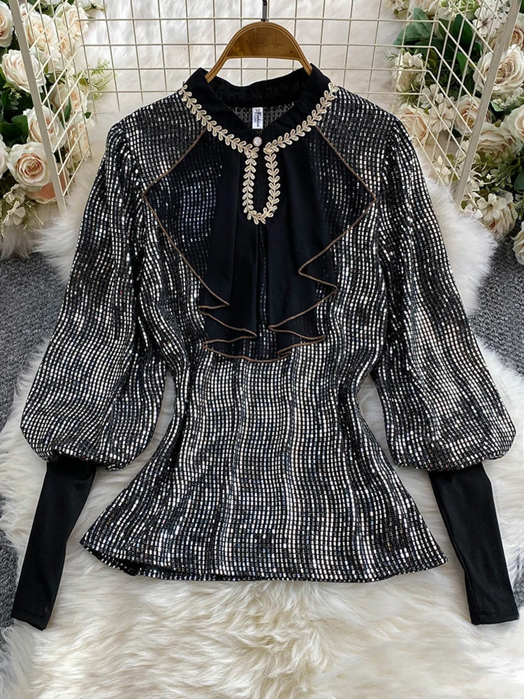 

Women's Blouse European Heavy Industry Glitter Mesh Beading Fabric Ruffles Stand Collar Long Sleeves Shirt Female Top BL385