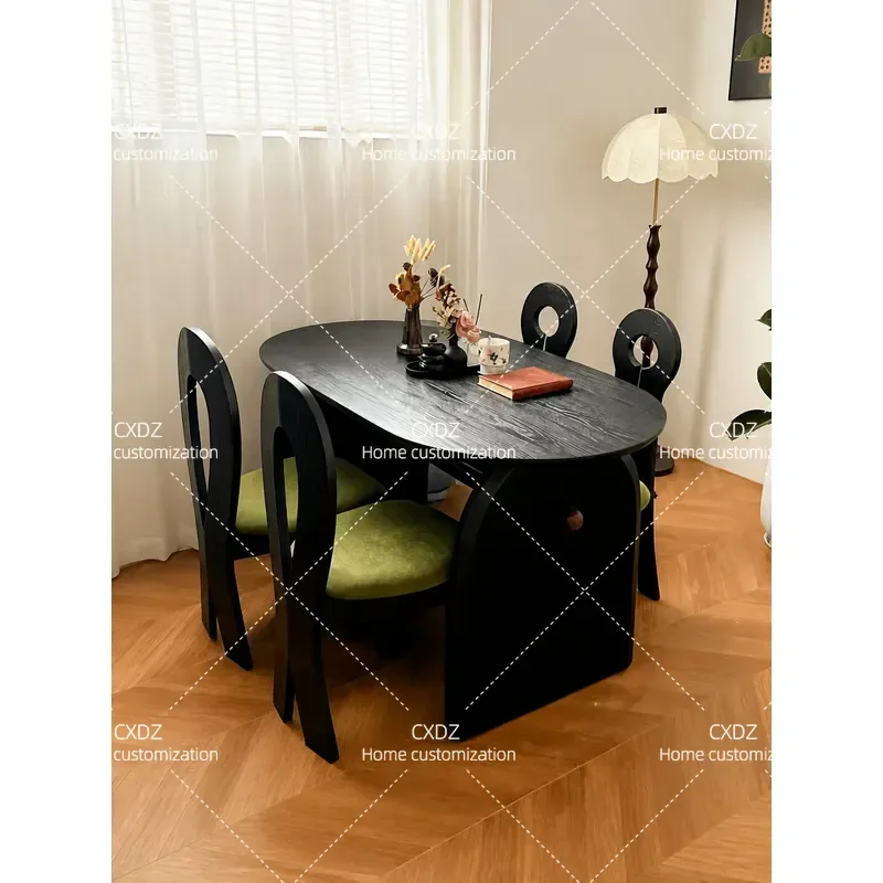 Retro Solid Wood Oval Dining Table and Chair Set Black Vintage Style Compact Dining Furniture for Small Apartment Home Use