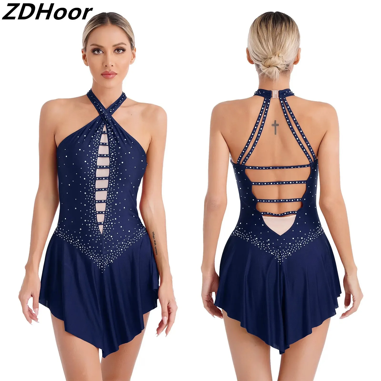 

Womens Glittery Rhinestones Dance Dress Strappy Back Halter Sleeveless Leotard Dresses for Figure Skating Stage Performance