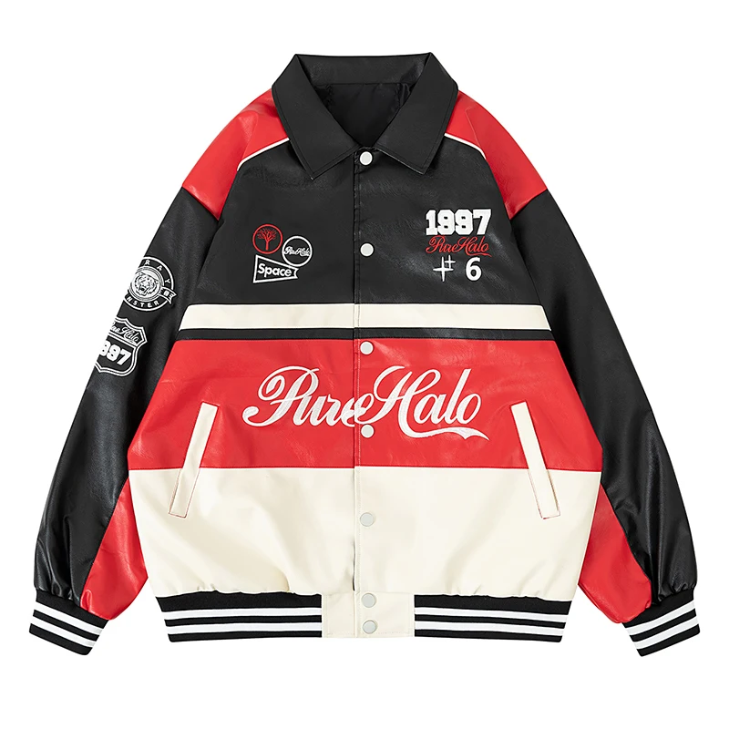 

Men's Faux Leather Jacket Vintage Letter Embroidery Jackets Fashion Motorcycle Boomber Jackets Windbreaker Streetwear