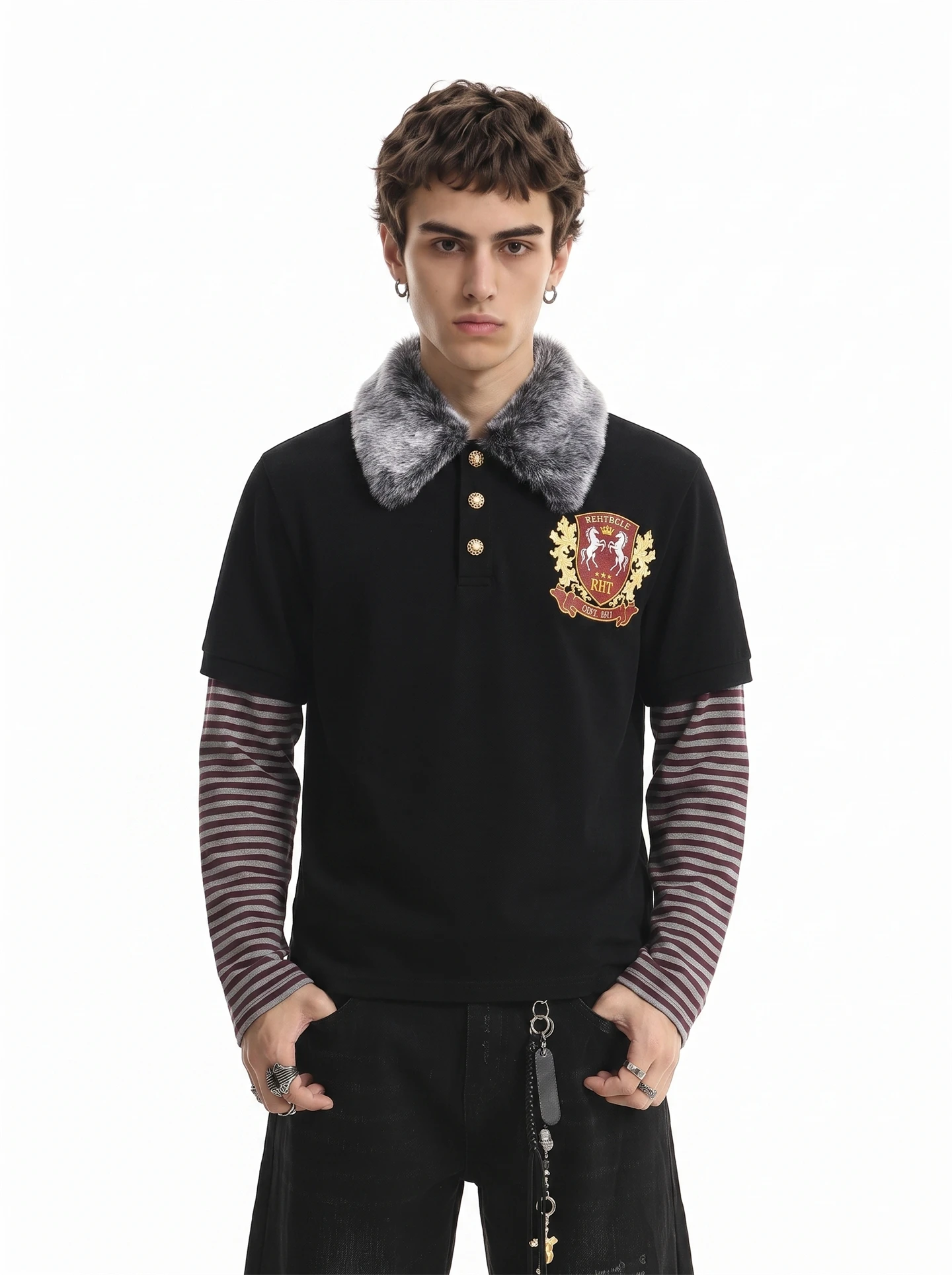 BETEBULE American High Street Printed Stripe Removable Fur Collar Long Sleeve Men's T-shirt Short Wide Fake Two-Piece Top