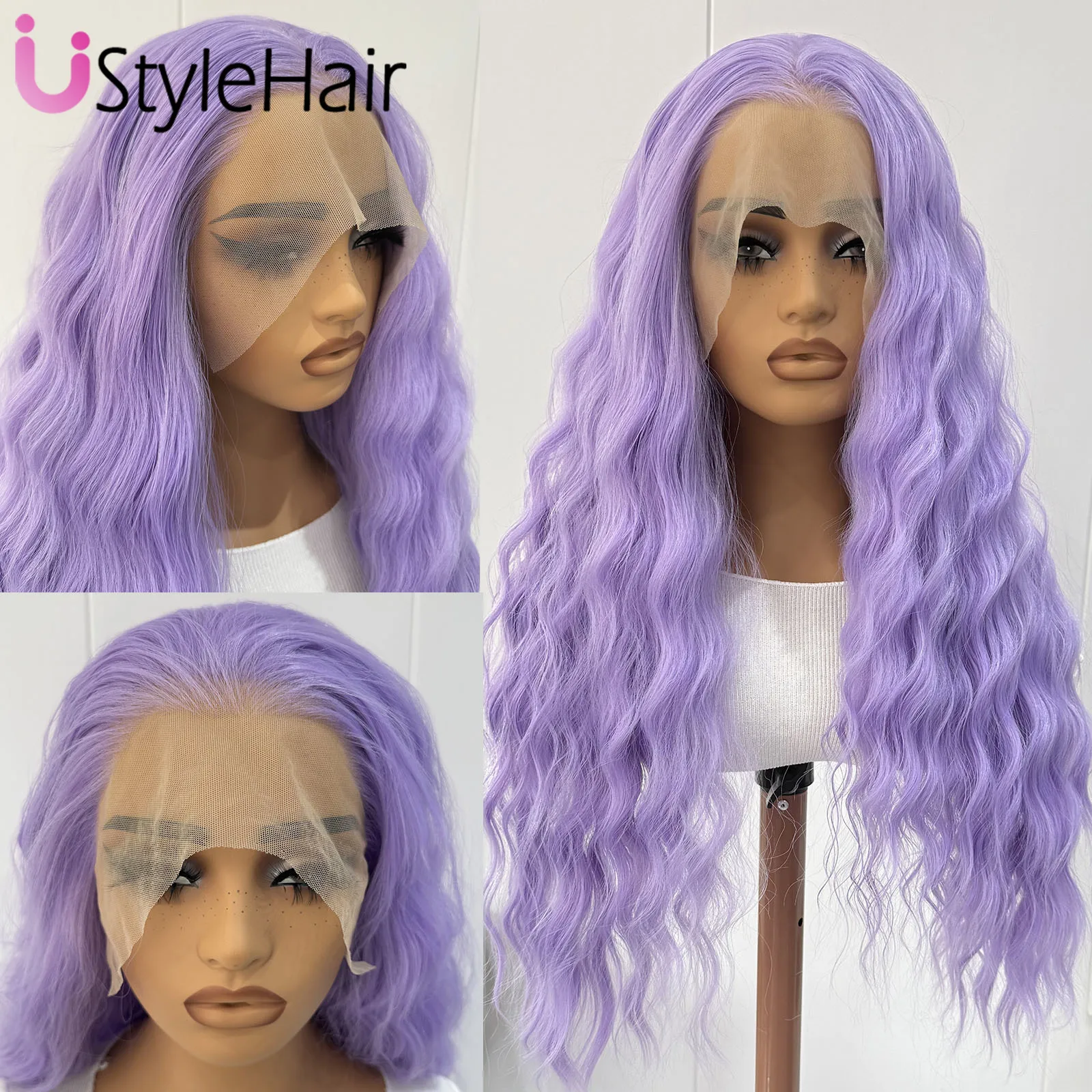 Wig Renda Depan Lavender 13X4 Rambut Sintetis Gelombang Tubuh Panjang Wig Ungu Muda untuk Wanita Garis Rambut Alami Wig Cosplay Penggunaan Sehari-hari