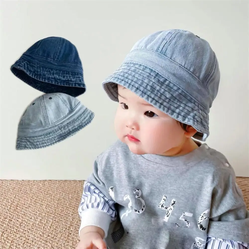 

Cloth Washed Denim Bucket Hat Solid Color Korean Style Baby Sun Hat sun protection Windproof Children Fisherman Cap Outdoor