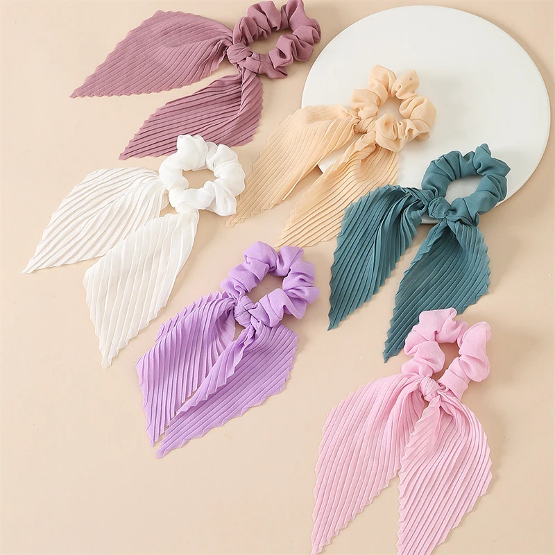 6Pcs/set Pleated Ribbon Scrunchie – Long Satin Tassel Ponytail Holder for Summer Vacation.
