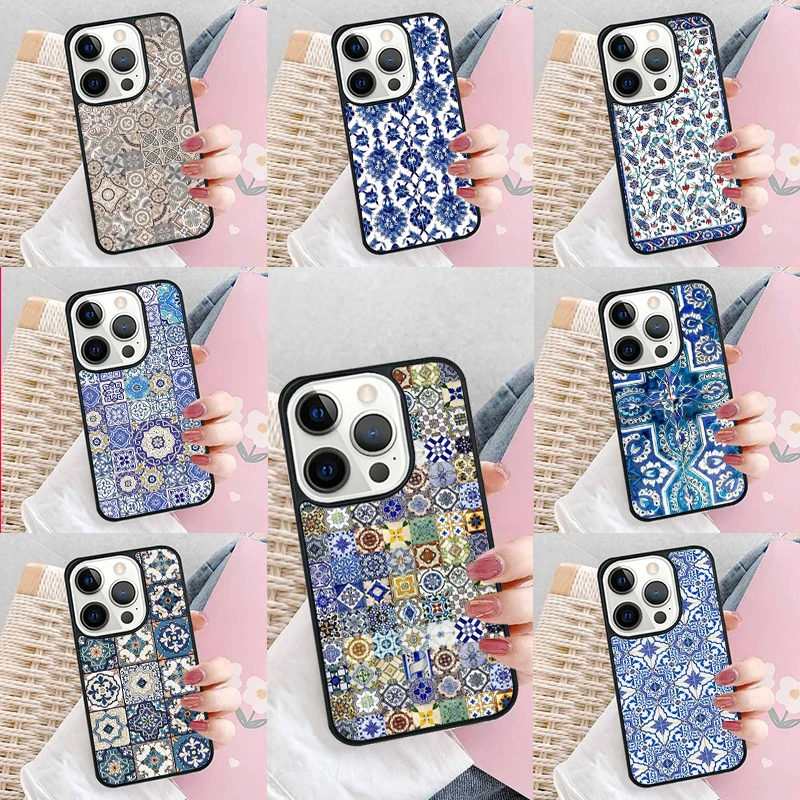 Moroccan Tile Rubber Phone Case Cover for iPhone 16 Promax 15 Pro 13 14 Plus 11 12 Mini XR XS MAX Coque