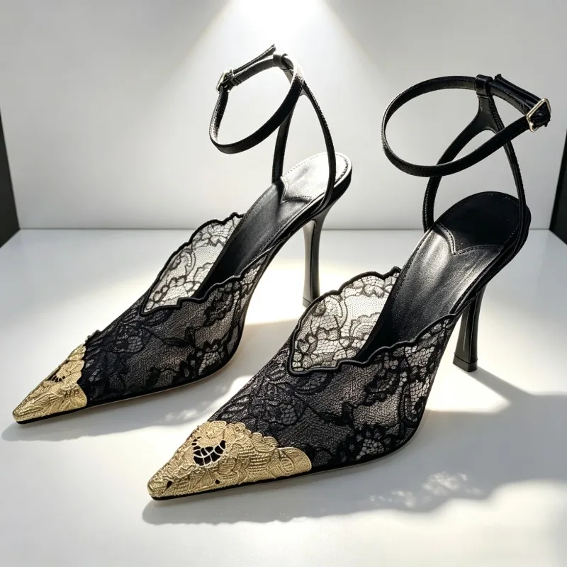 

Sexy Lace Black Heels for Women Unique Gold Pointed-toe Design High-heel Sandals Fashion Ankle-strap Buckle Stiletto Dress Shoes