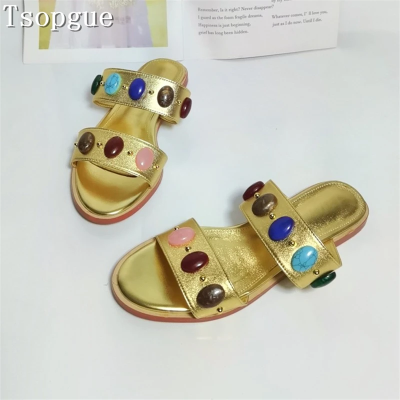 

Women's Colorful Gemstone Decor Slippers Summer New Open Toe Two Straps Non-Slip Casual Mules Summer Beach Shoes