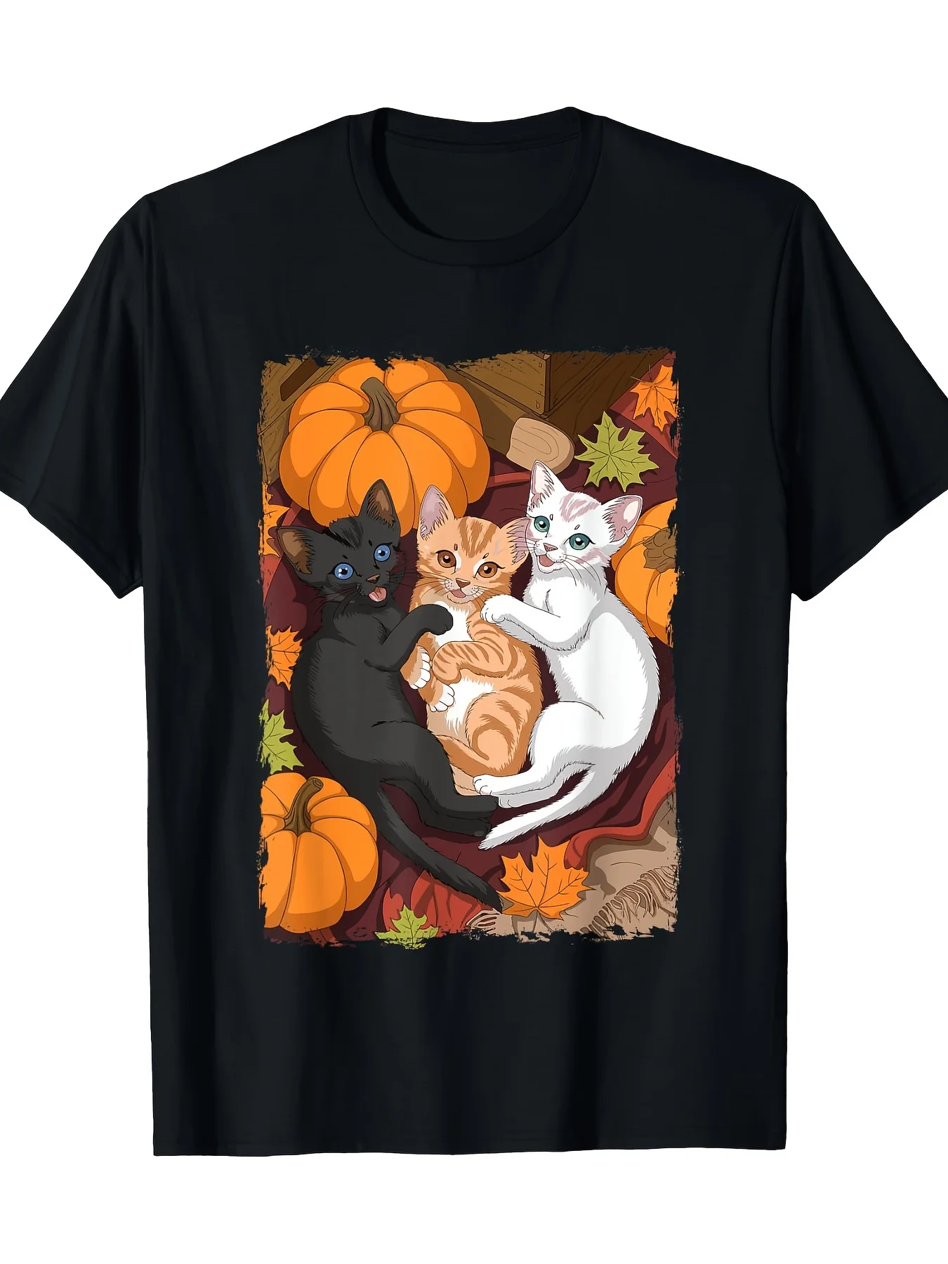 3 Cuddling Kitten Pumkin Picking Womens Fall Fashion Cat T-Shirt