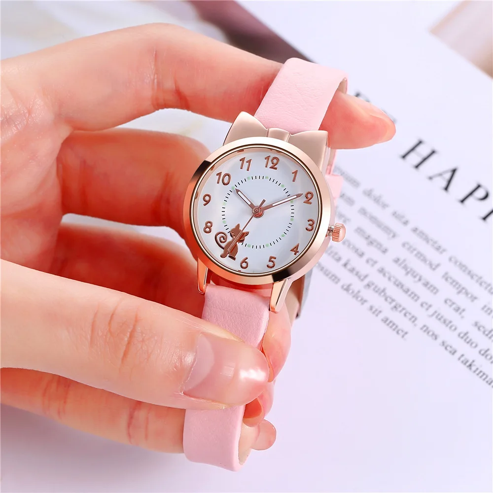 UTHAI H110 Kids Girls' Popular Nightlight Cute Cat Cartoon Watch Children's Student  Fashion Simple Quartz Watches