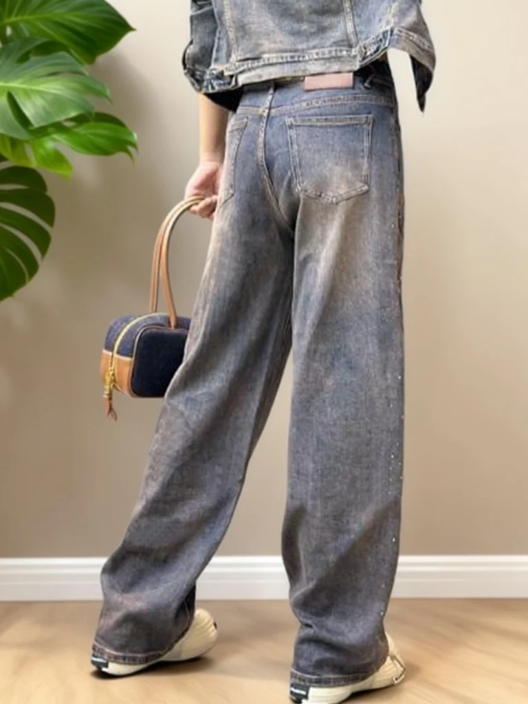 High Waist Slim Fit Denim Wide Leg Pants Embroidered Rhinestone Decorated Casual Style Spring Collection Adult Size