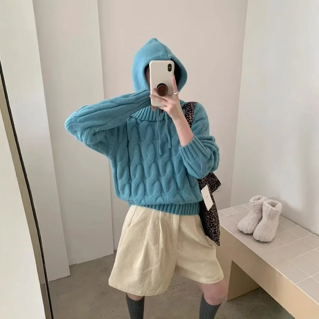 Autumn and Winter 2024 New Korean Version of Age-reducing Small Short Hemp Pattern Pullover Knitted Pullover with Hat Top