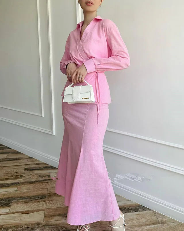 2025 New Women's Fashion Muslim Style Elegant Fashion Bodycon Skirt Tie Top Spring Set Dress