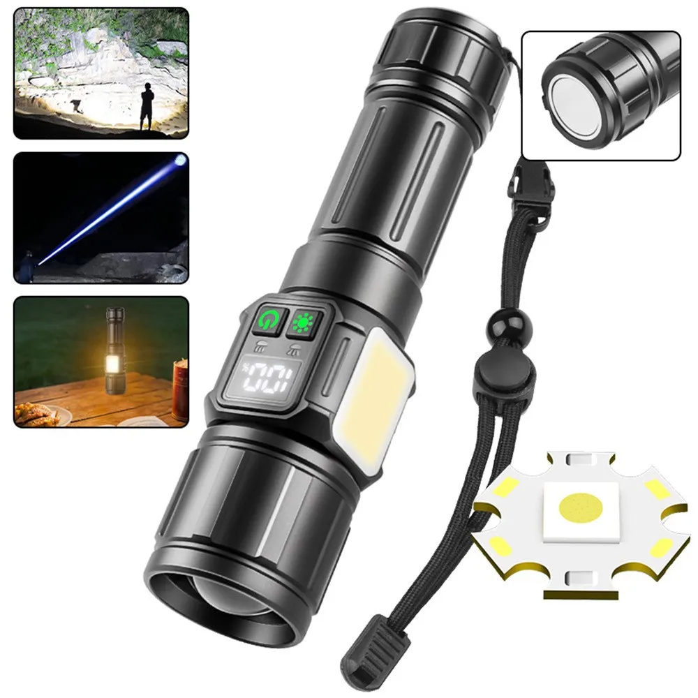 30W COB Side Lamp Zoom Flashlight Telescopic Focus Digital Power Display High Lumen Outdoor Camping Torch