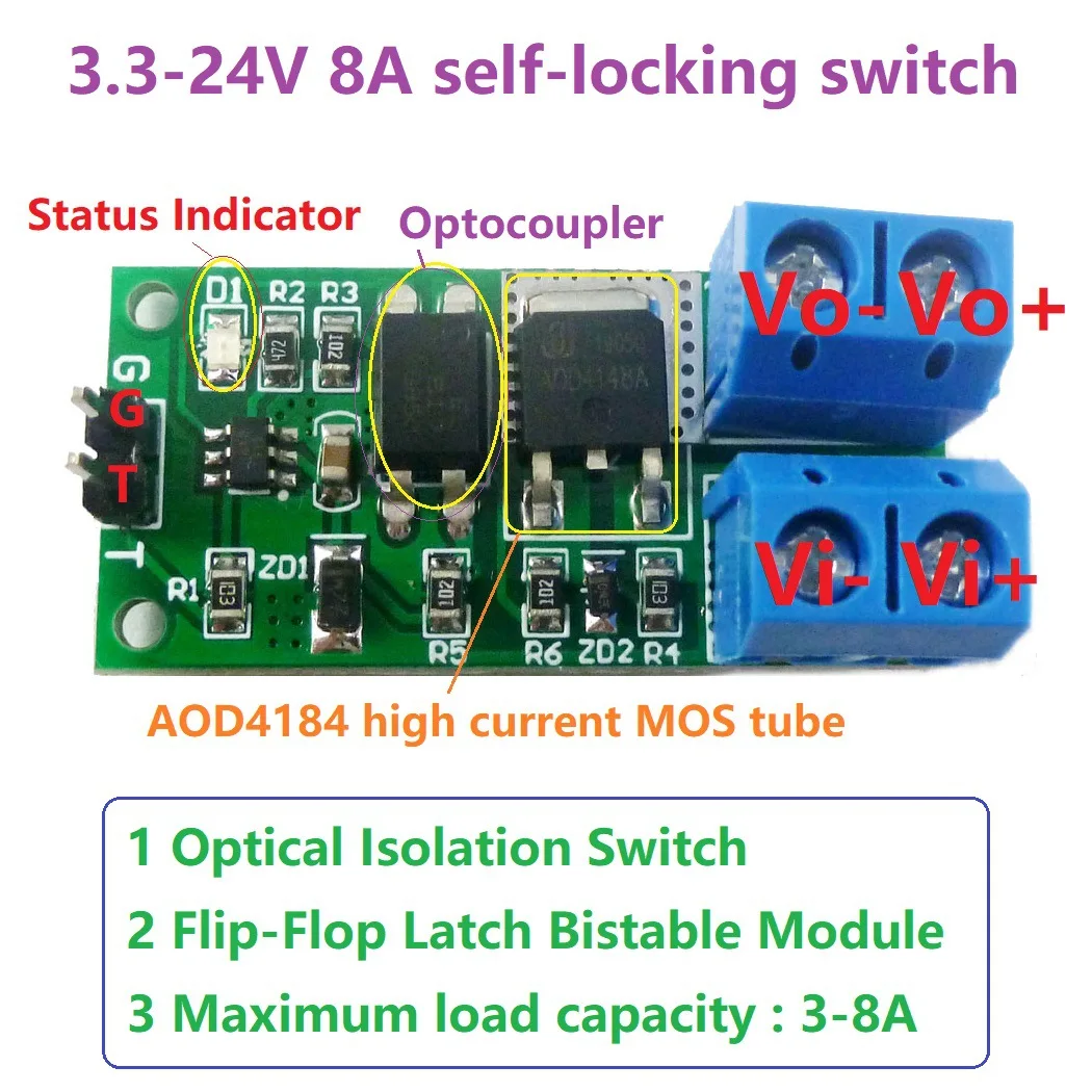 for Arduino Flip-Flop Latch Relay Module 3.3V-24V 8A ​MOSFET AOD4184 Chip Bistable Self-locking Switch Low Pulse Trigger Module