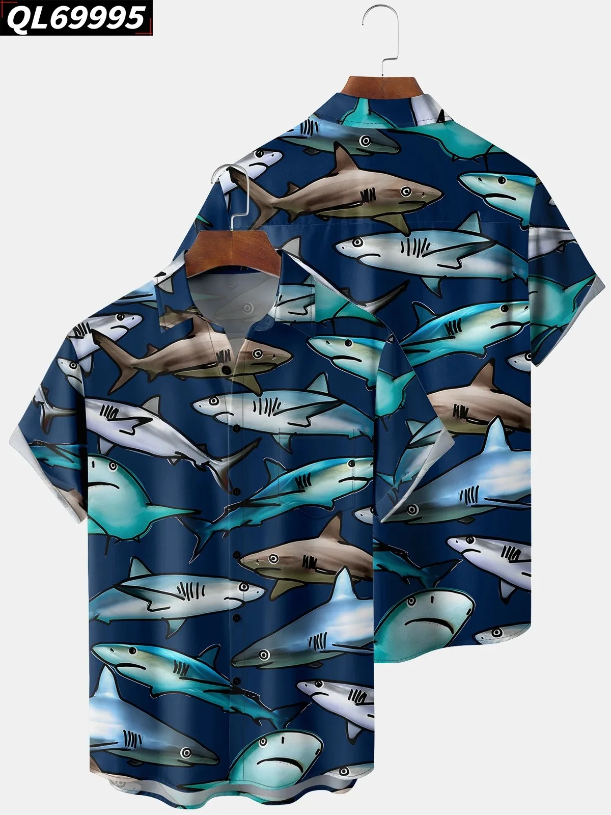 

Summer Hawaiian Men's Shirts Short Sleeve Button Tops Blue Ocean Shark Print High Quality Vacation Clothing Lover Gift Shirt