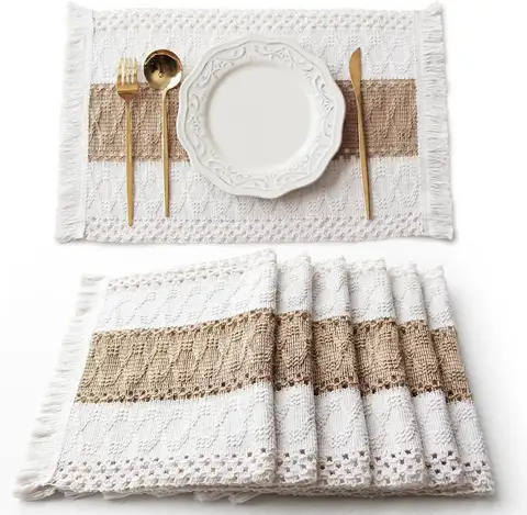 4/6pcs Boho Placemats 세트 홈 다이닝 웨딩 테이블 주방 장식을위한 Tassels와 천연 목화 삼베 농가 장소 매트