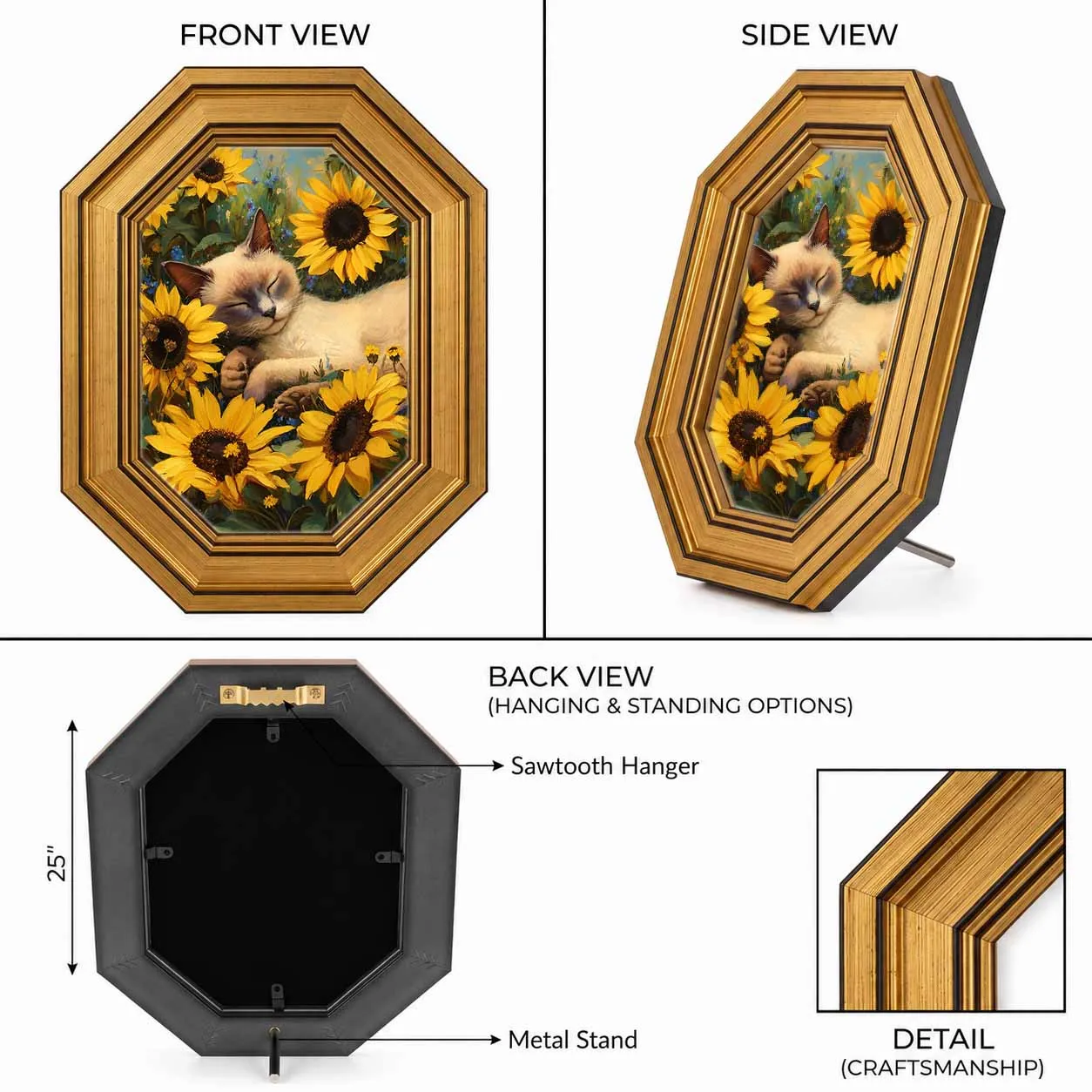 Vintage Octagon Gold Frame Sleep Cat Sunflower Print, Dual Use Tabletop Hanging Cottagecore Floral Animal Wall Decor
