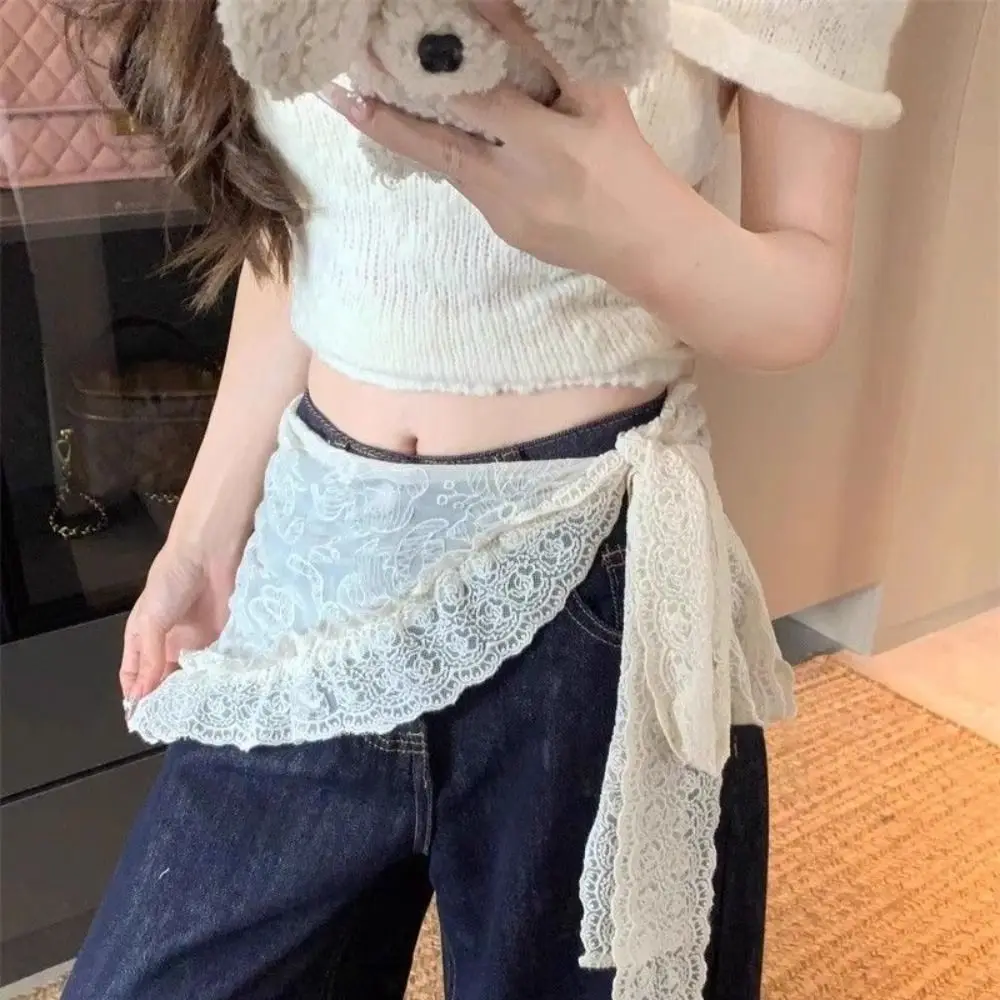 Trendy Lace Trim Lace Mini Skirt Ruffles Jeans Decoration Fart Curtain Pretty Clothing Accessories Apron Wrap Skirt Women