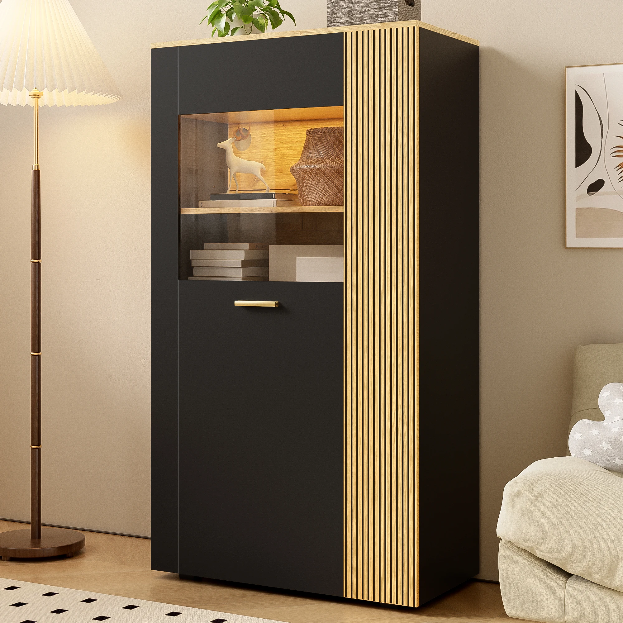 Armoire de rangement moderne avec portes en verre, éclairage LED Bluetooth à 16 couleurs, 3 étagères fixes et 2 étagères réglables, organisateur de câbles pour le salon, le bureau à domicile, noir.