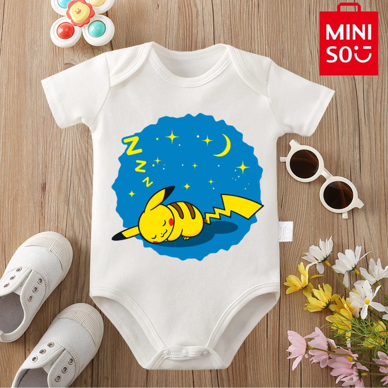 

MINISO 100% хлопок, карманный монстр Пикачу, милая ткань с принтом, мягкий боди для ребенка, комбинезон для новорожденных от 0 до 12 месяцев