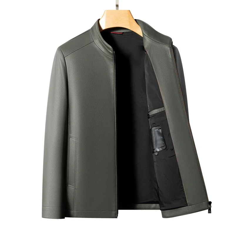 Spring and Autumn's New Casual Leather Jackets, Men's Stand-Up Collar Leather Jackets, and High-End Large-Sized Goatskin Coats