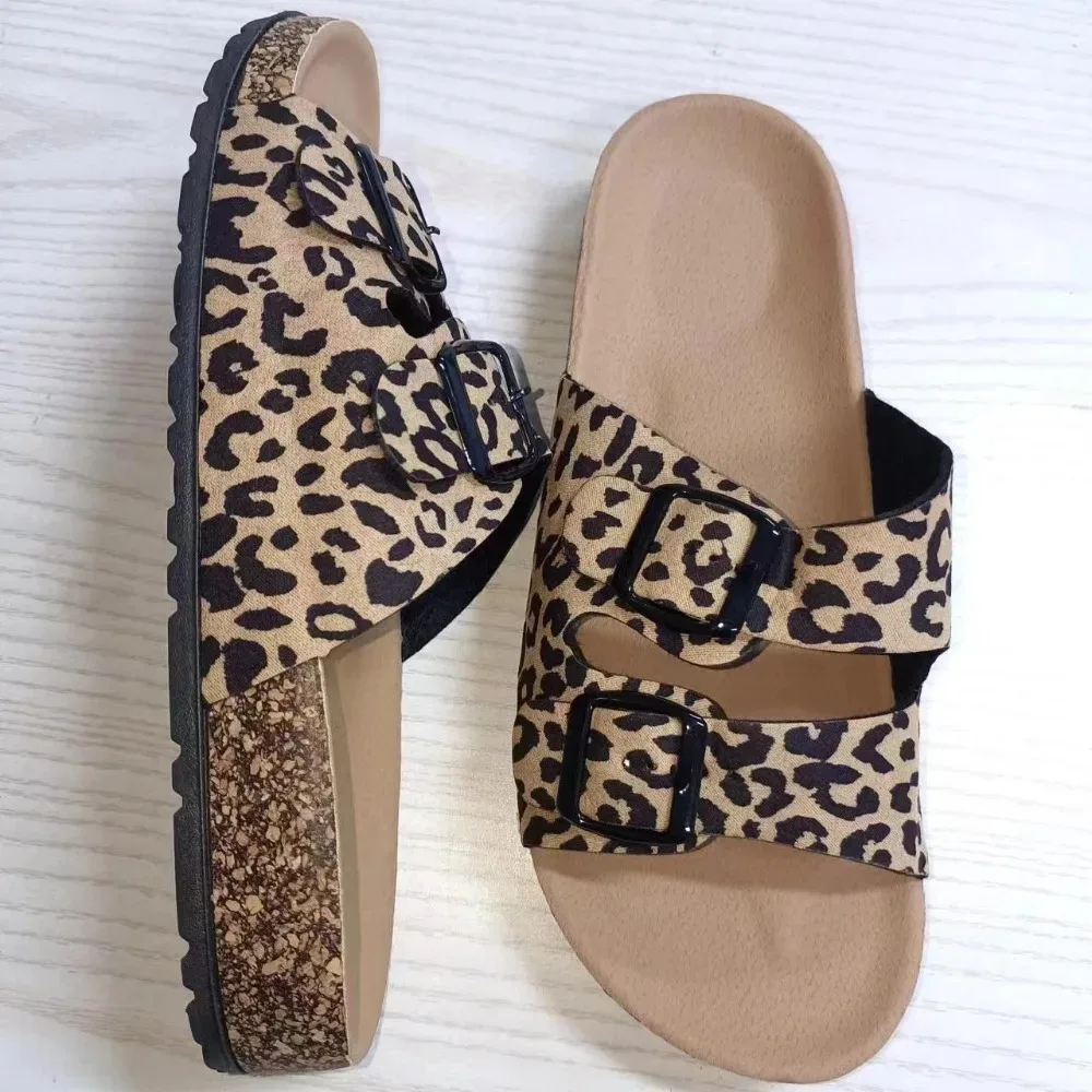 Women\'s Leopard Print Slippers Cork Slippers Women\'s Summer Non-slip Outdoor Flat Bottom Beach Sandals Woman Flat Slippers