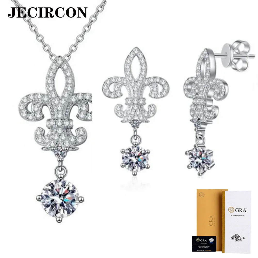 

JECIRCON 925 Sterling Silver Jewelry Moissanite Set for Women 0.5 ct Stud Earrings and 1 ct Pendant Crown Queen Iris Accessories