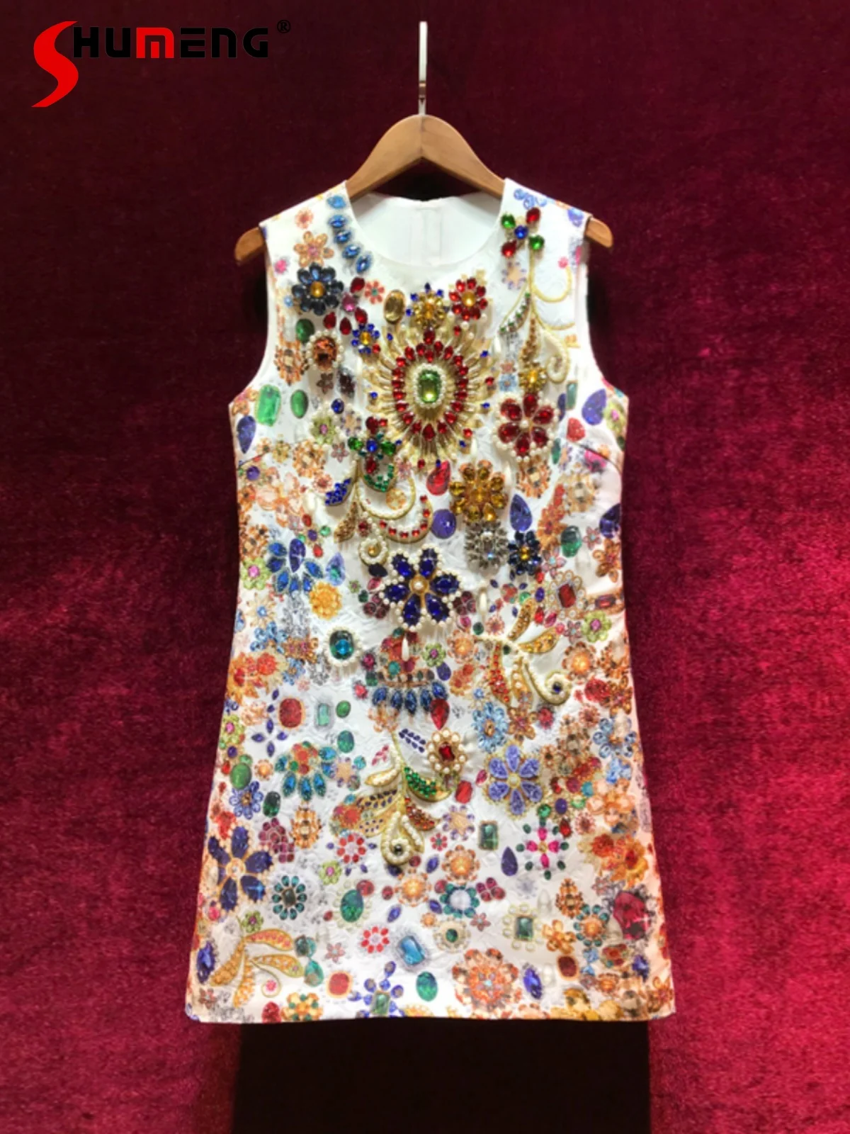 

Women's 2024 Summer Light Luxury Beads Rhinestones High-End A- Line Dress Feminine Socialite Sleeveless Round Neck Flower Dress