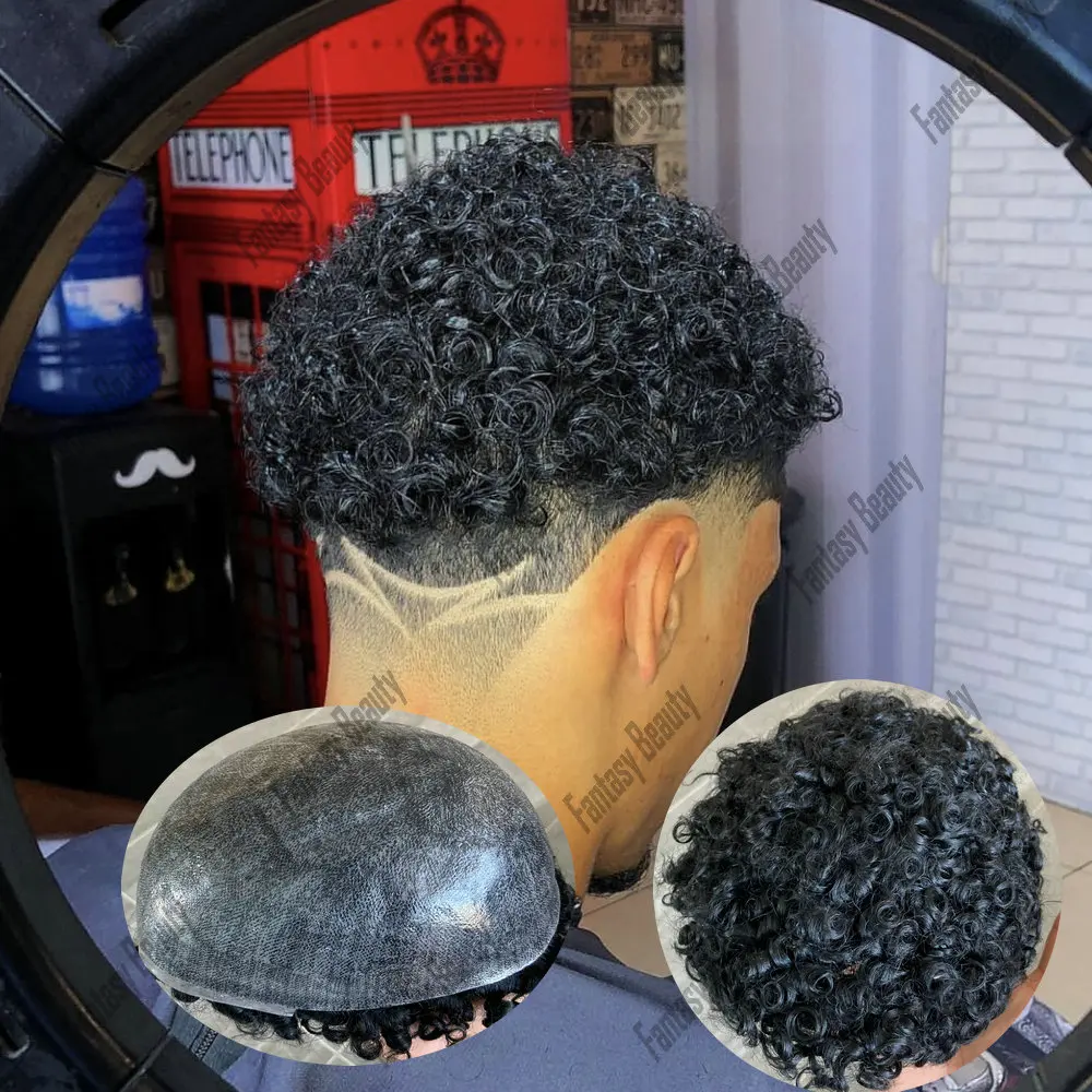 

Durable Afro Man 15mm Curly Capillary Prothesis Human Hair Thin Skin Base Toupee Men Natural Hairline Wigs Replacement System