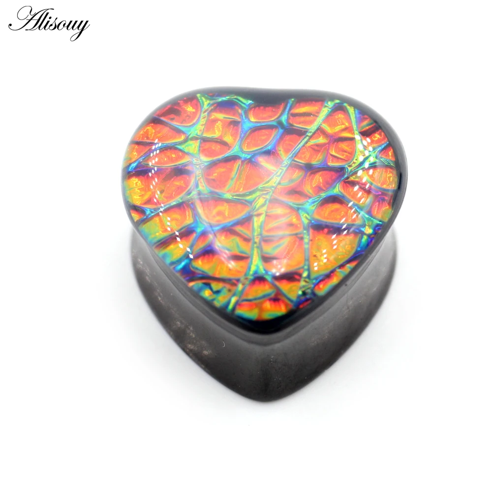 Alisouy 1 Piece Punk Natural Colored Foil Heart Flared Stainless Steel Ear Tunnel Plugs Earrings Body Piercing Jewelry