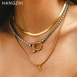 HangZhi Punk Double Color Chunky Buckle Pendant Necklace 18K Gold Plate Stainless Steel Box Chain Choker Waterproof Men Jewelry
