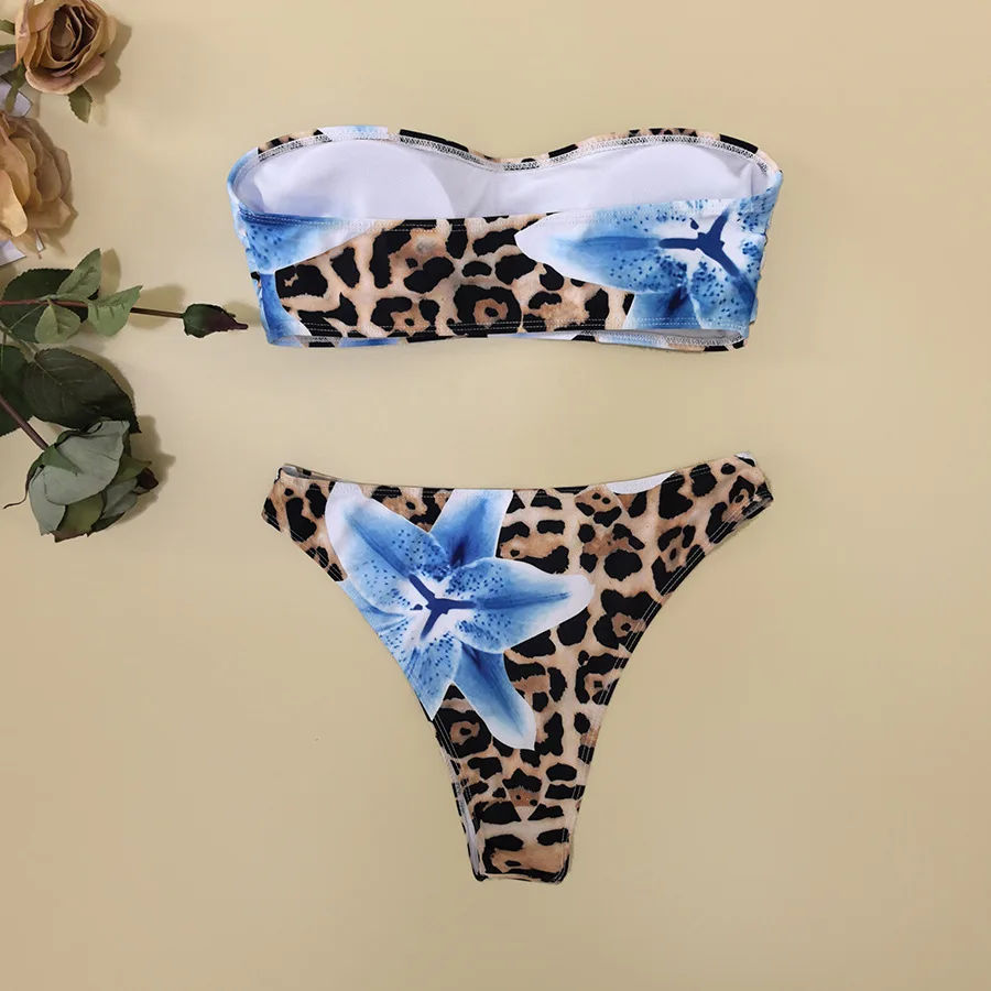 sexy blue big flower leopard print bandeau bikinis sets two pieces thong swimsuits bathing suit swimwear biquini tankini trikini