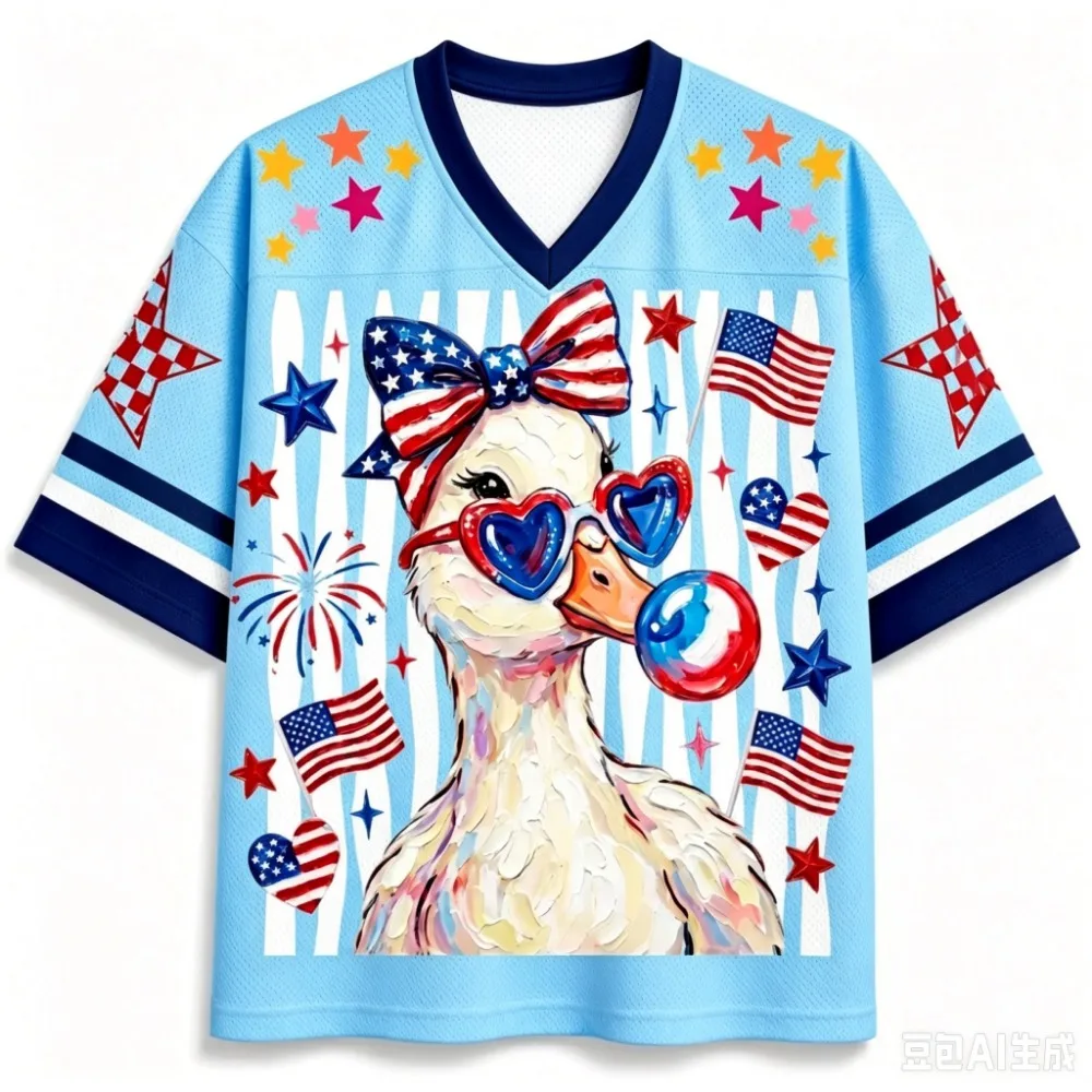 Star Flag Duck Illustration 3 D Print Quick-dry Breathable Sports Men Women Vneck Loose Tshirt Fashionable Y2K Parental Clothing