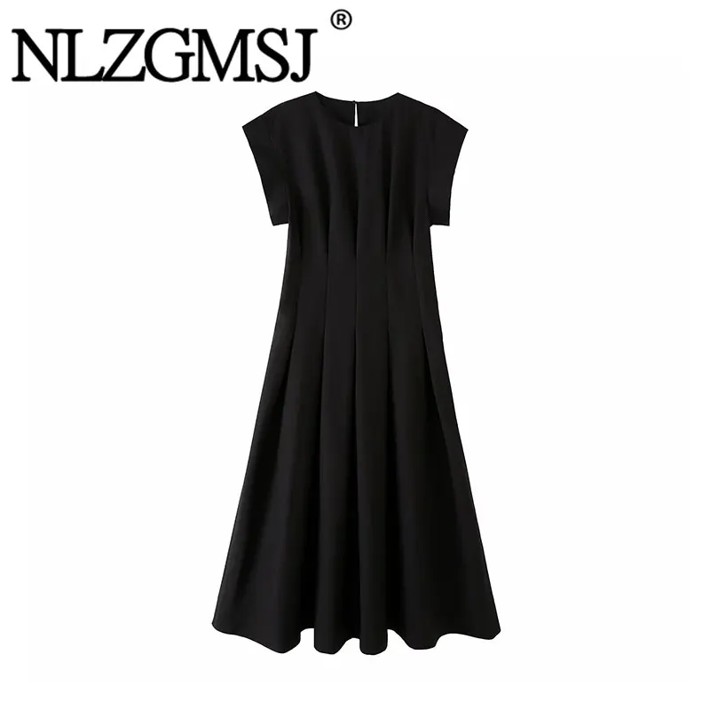 Nlzgmsj 2026 Summer Elegant Black Midi Dress Women Minimalist Cap Sleeve Structured Shoulder Casual Office Work Dress