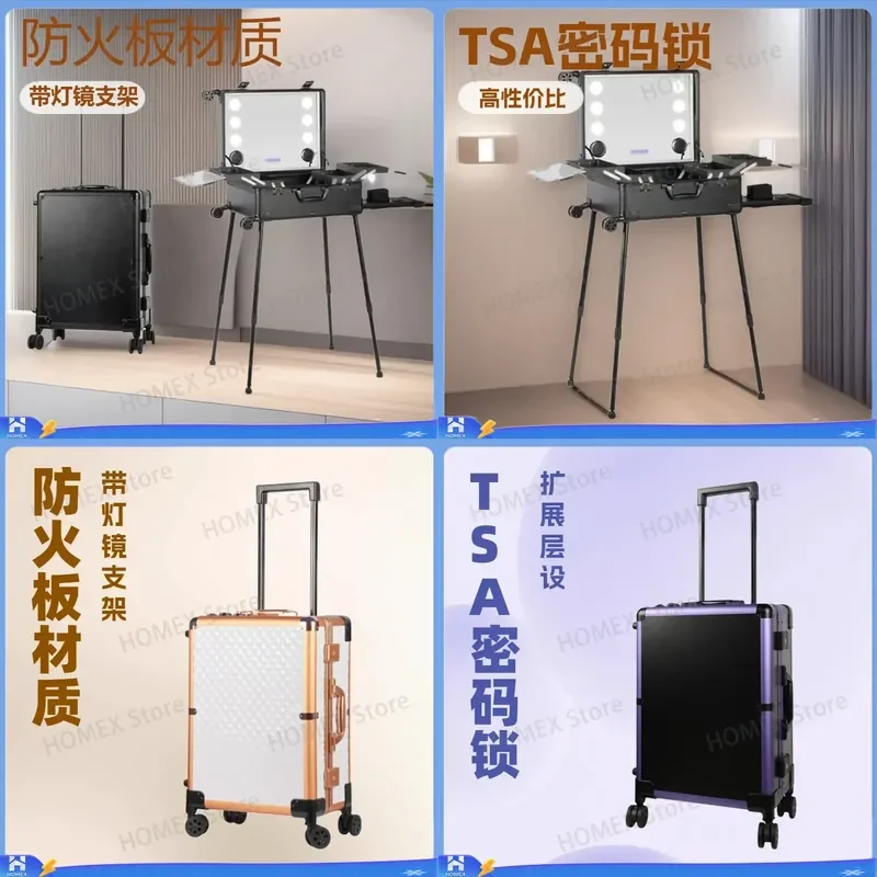Professional Makeup Case with Lighted Mirror Stand Rolling Trolley Cosmetic Organizer Fireproof Board Beauty Artist Tool Box