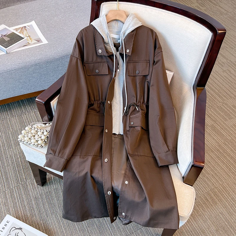 

SuperAen oversize Trench Coat for Women New 2023 Autumn and Winter Hooded Spliced Fake Two pieces Casual Women Trench Coat