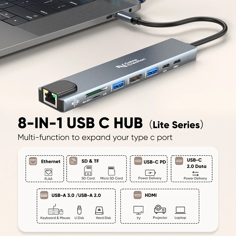 

Мультипортовый концентратор CableCreation 8-в-1 USB C (серия Lite), док-станция с ключом типа C