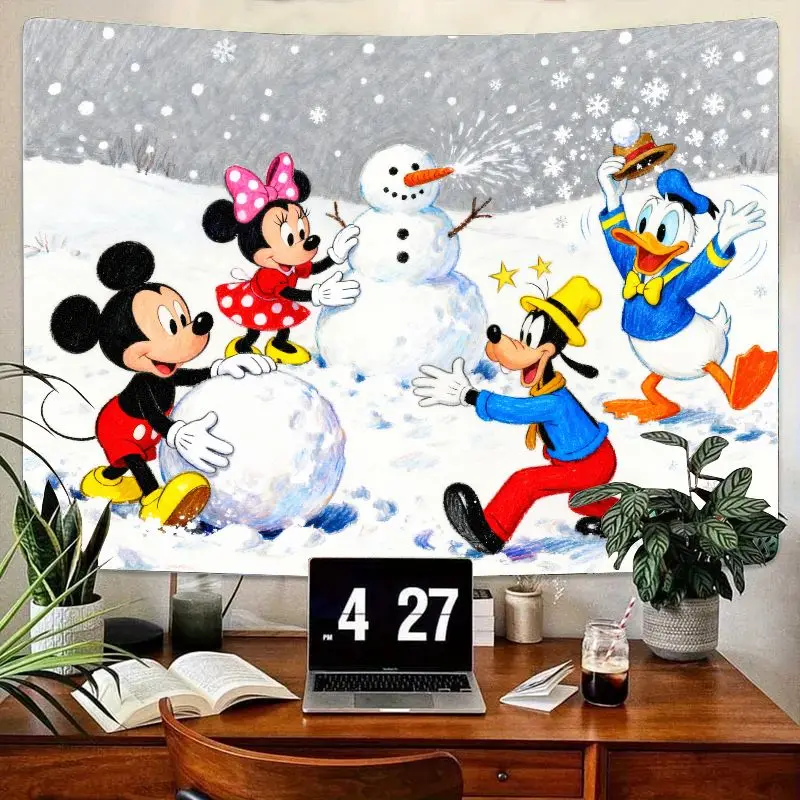 

1 шт., гобелен Disney с Микки и Минни Гуфи Дональдом и снеговиком, зимний забавный настенный художественный декор для детской комнаты, спальни, полиэстеровые пальмы