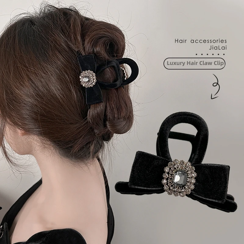 Fermaglio per capelli nero per le donne moda elegante fermagli per capelli coreano fiocco squalo strass capelli artiglio Clip ragazze forcine accessori per capelli