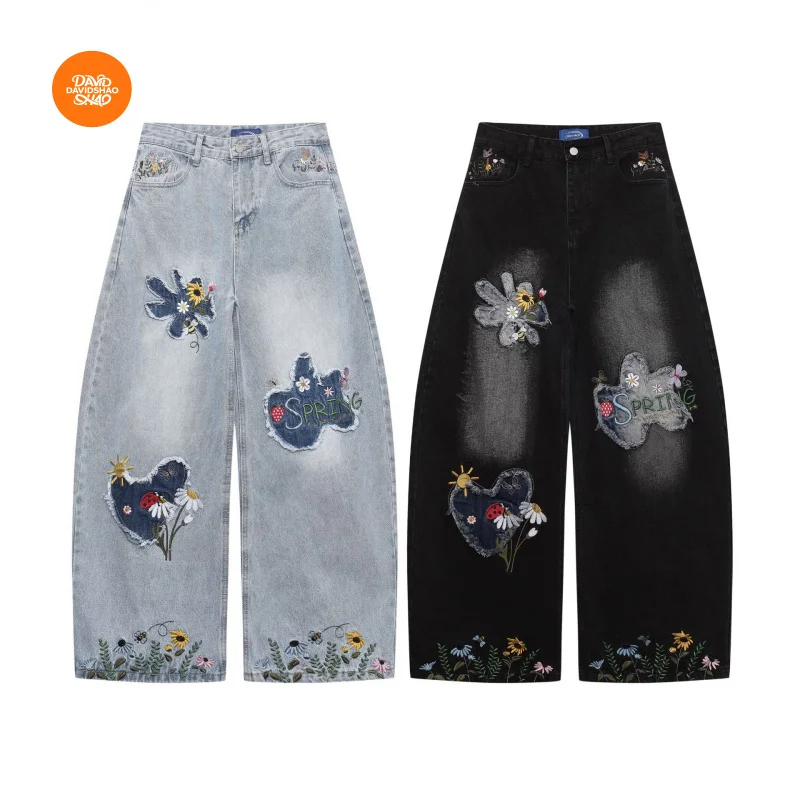

DAVIDSHAO европейские и американские размеры, высокое качество, уличные роскошные винтажные джинсы с цветочной вышивкой, унисекс, осенние свободные широкие брюки