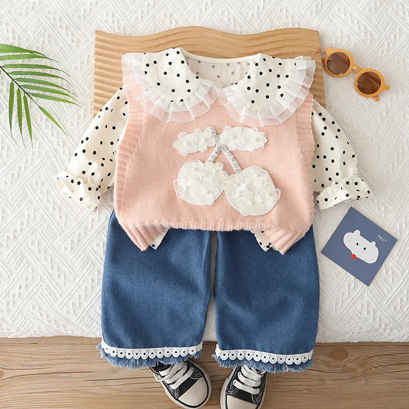 Spring fall Girls' Baby Clothes Outfits Sets Dot Shirt+Knitted Tank Top+Jeans Suits Fashion Design for Girls' Baby Clothes sets