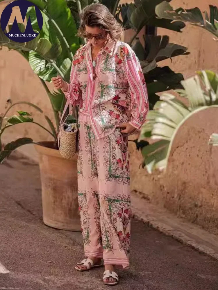 

2 Pieces Set for Woman Summer Elegant Versatile Printed Long Sleeves Shirt Suits Fashionable Casual Loose Wide Leg Pants Sets