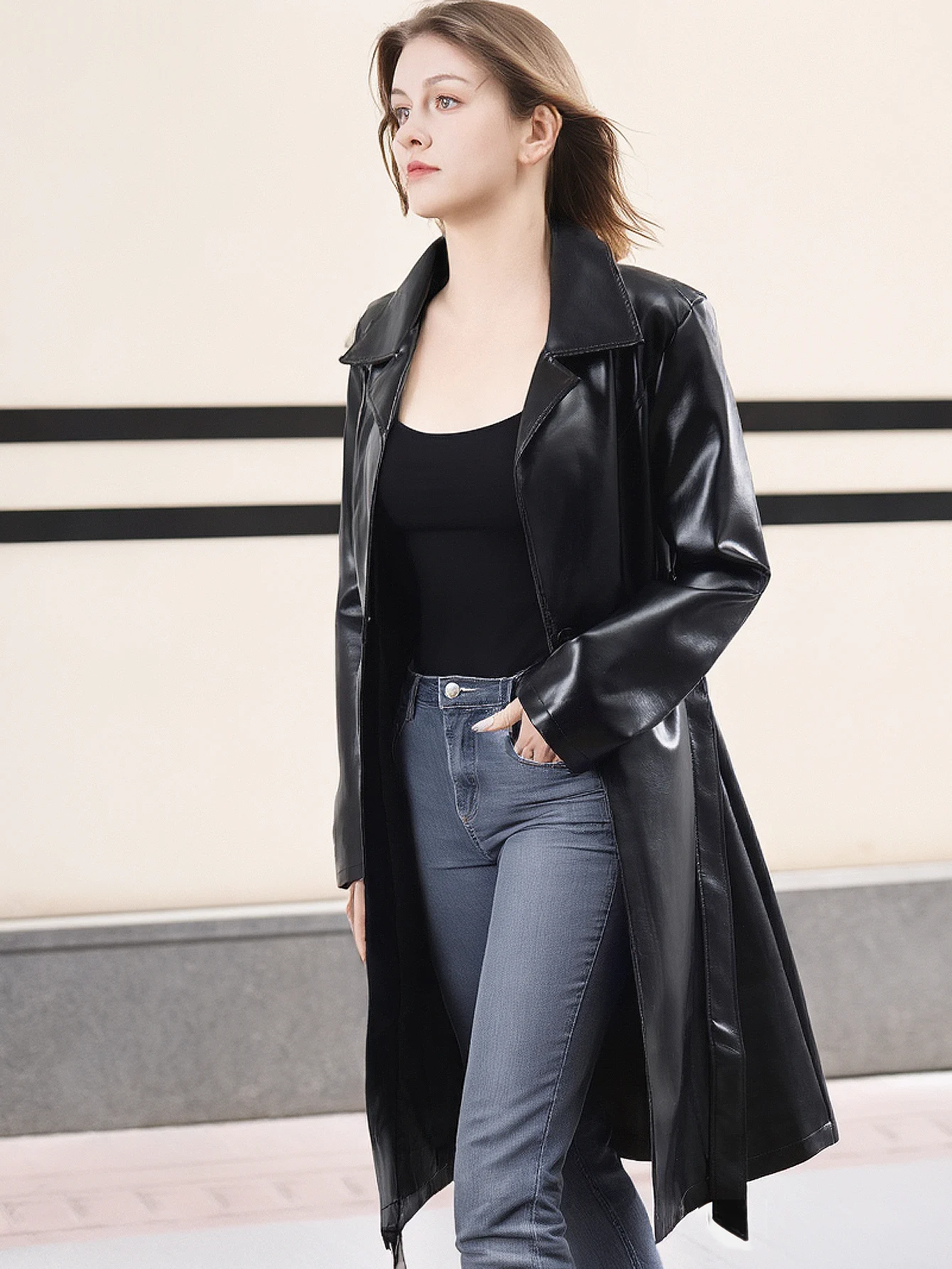 여성용 봄 가을 중간 길이 PU 가죽 자켓 캐주얼 아우터