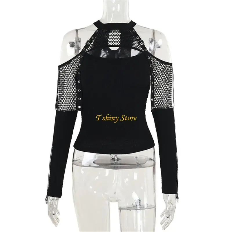 

N58F Женская рубашка в сетку с открытыми плечами и длинным рукавом с воротником-стойкой, облегающий укороченный топ